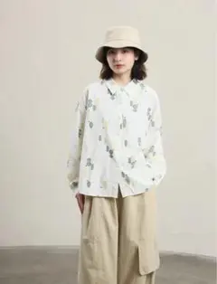 Emago 総柄刺繍シャツ 長袖大人のナチュラル ノンブル数字花刺繍 