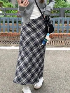 ハイウエスト スリット チェック カジュアル バケーションスカート