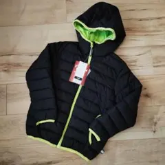 中綿コート 黒/緑 フード付き