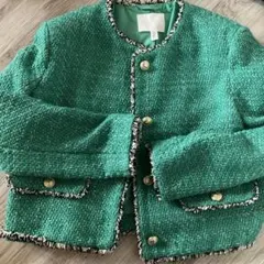 H&M グリーン ツイード ノーカラージャケット 160/88A Ｓサイズ