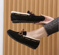 SALE★モカシン シューズ 23.5㎝ ローファー ブラック ファー ボア 黒