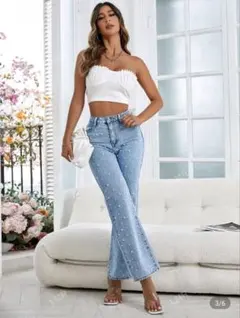 SHEIN　パール装飾ハイウエストデニムパンツ