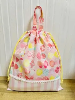 【3E】ハンドメイド お着替え袋 大きめ巾着 リボン ピンク 女の子