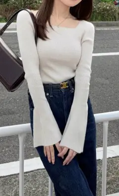 GRL スクエアネックフレアスリーブリブニットトップス　k9153c