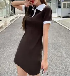 ダークブラウン 半袖ミニワンピース Vネック ポロワンピース