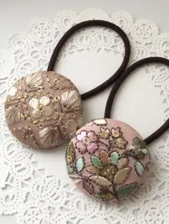 【No.46】インド刺繍 くるみボタン38㎜ ヘアゴム 2個セット