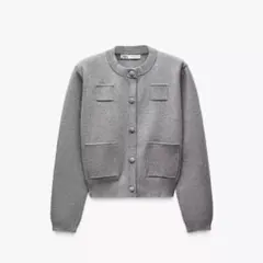 ZARA プレーンニットジャケット パデッドショルダー グレー カーディガン s