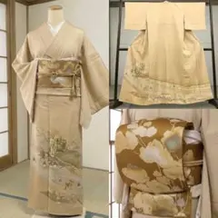 美品　正絹　色留袖　袋帯　一つ紋　ベージュ　金彩　４点フルセット　入学式　結婚式