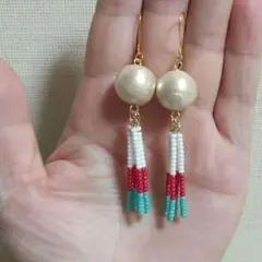 14mmコットンパール×チェコ＆MIYUKIシードビーズタッセルピアス