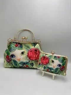 【ハンドメイド】がま口バッグ 猫と薔薇 2点セット#B261