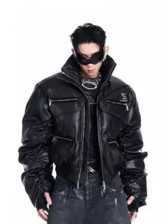 ダブルジップ レザーダウンジャケット ブラック