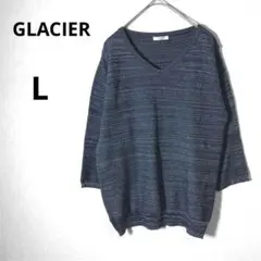 美品 GLACIER グラシア L ボーダー Vネック　七分袖 ニット グレー