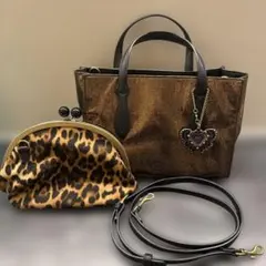 【ANNA SUI】ブロンズ ゴールドラメ　ハンドバッグ レオパードポーチ付き