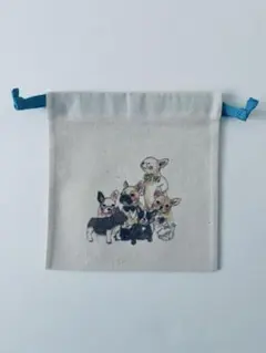 犬イラストのキャンバス巾着袋