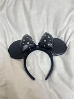 ディズニー ミニーカチューシャ 黒色 星型ビーズ付き レザーカチューシャ