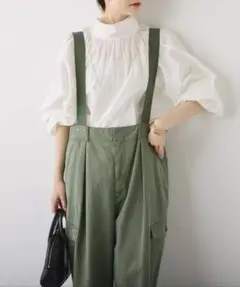 オリーブグリーン サスペンダー付きワークパンツ