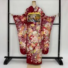 振袖フルセット 赤 黒 成人式 草履バック付 裄65.5cm S-220