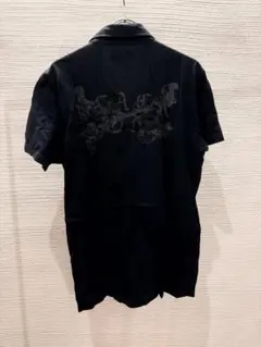 MORGAN HOMME スキッパーネック仕様 ポロシャツ ブラック プリント 