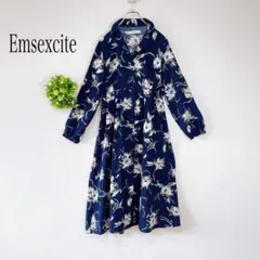 Emsexcite 【M】花柄 ロングワンピース ネイビー　薄手