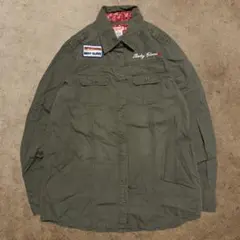 ミリタリーシャツ デニムジャケット 長袖 ワッペン カーキー Lサイズ 春