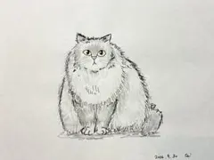 【ふわふわデカ猫】原画 猫のインテリア絵画 ドローイング水彩 ハンドメイドアート