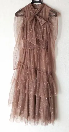 美品　ファーファー　ラメチュールドレス　ティアード ロング　ボウタイリボン