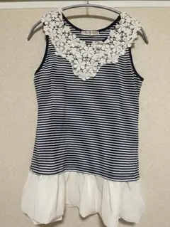 ストライプ柄レース装飾ノースリーブトップス M