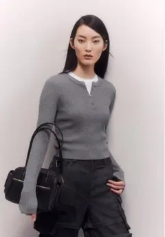 H&M グレー ハーフジップ リブニット