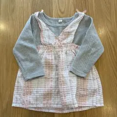 チェック柄リボン付き長袖トップス　重ね着風