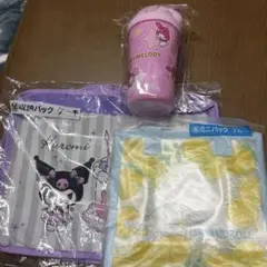 タンブラーマイメロディー　収納バッグケーキ　クロミ　ミニバッグブルーシナモン