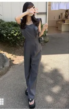 グレー フリル付き GRL バックリボンショルダーフリルオールインワSサイズ