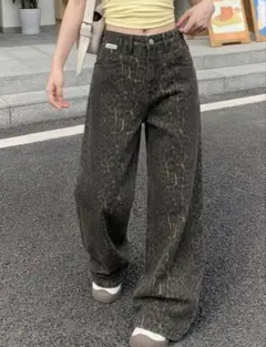 XS レオパード柄 ワイドデニムパンツ SHEIN