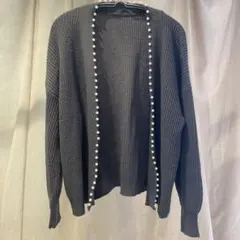 パール付き ニットカーディガン グレー