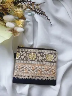 【フラットポーチ】インド刺繍×ヌビ/小物入れ（A253）