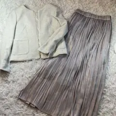 ノーカラーツイードジャケット　スカートセットアップ　ロング丈　9号（M相当）