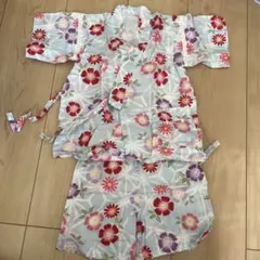 90センチ　女の子　甚平　水色　花柄　ポケット付き