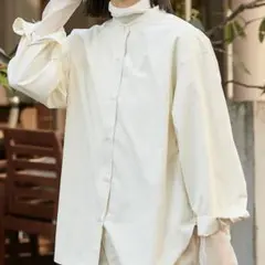 【美品】【ヒルナンデス紹介アイテム】バンドカラーストライプシャツ フリーサイズ