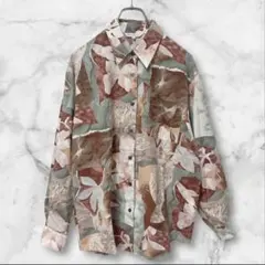 総柄デザインシャツブラウス花柄アートグレーブラウンヴィンテージ古着長袖