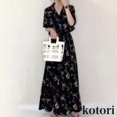 夏 新品 マキシ丈 ロングワンピース レディース 高身長 黒 花柄 半袖