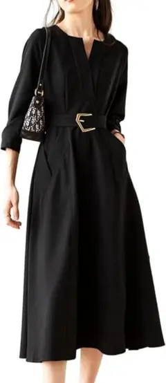 フォーマルワンピース きれいめ ロングワンピース ポケット有　ブラック L