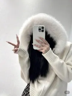 SHEIN ファー付きニットカーディガン パーカー ホワイト 韓国