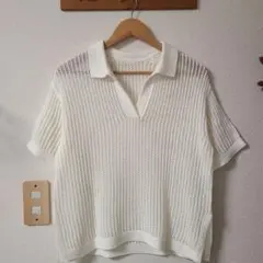 GU ホワイト ポロ襟 ニット メッシュスキッパー　ポロセーター M