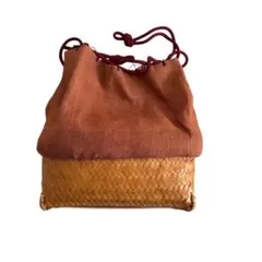 浴衣用　茶色の布地と竹素材の巾着バッグ