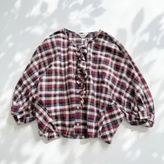 LOISIR ロワズィール チェック柄 フリルブラウス 九分袖 麻混 Fサイズ