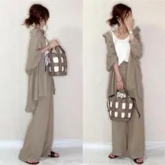 M パンツスーツ セットアップ ワイドパンツ スーツ カーディガン a6