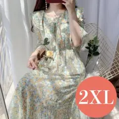 2XL ワンピース グリーン 半袖 五分袖 小花柄 ミモレ丈 マタニティ 大きめ