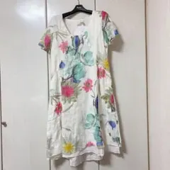 LEONARD ひざ丈ワンピース 花柄 ロゴボタン 切り替え アセテート混 L