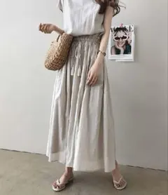 新品　ワンピース　ベージュ フレアスカート ロング丈　リネン風　ザラ　韓国