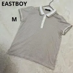 イーストボーイ 半袖ポロシャツ　ハーフボタン　M　コットン　ストライプ　ベージュ