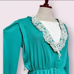 vintageヴィンテージワンピースレース襟グリーンホワイトレトロUSA海外古着